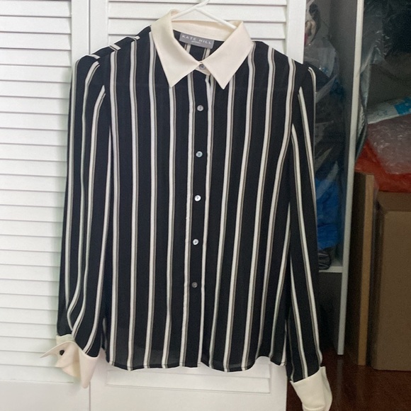 Kate Hill Tops - Kate Hill silk blouse, black with white vertical stripes, worn once